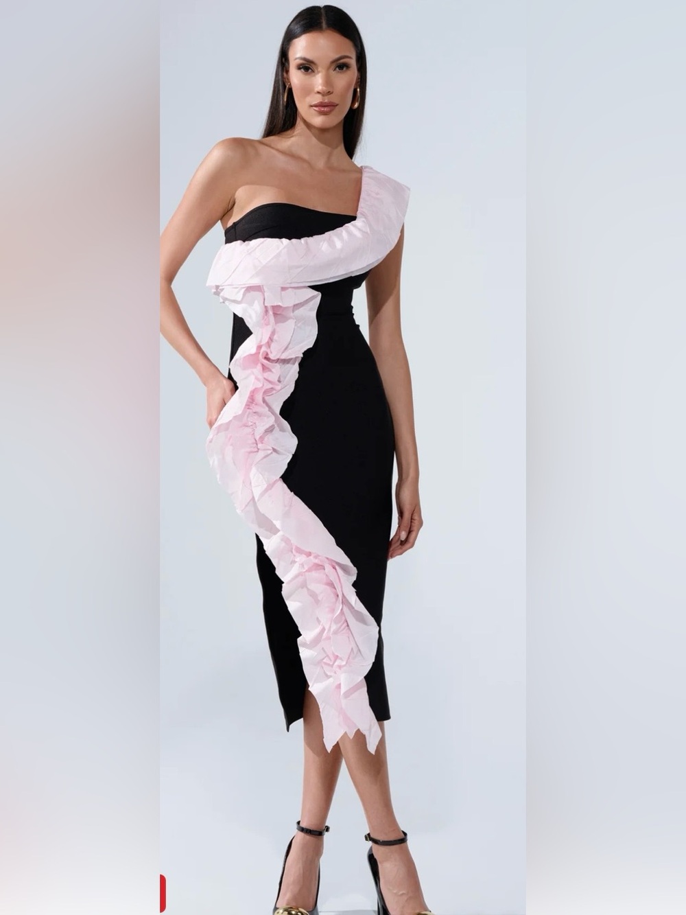 AKIRA Size Small Black Bodycon Dress with Pink Ruffle Detail